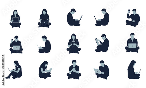 Collage of people in various sitting positions with laptops and papers