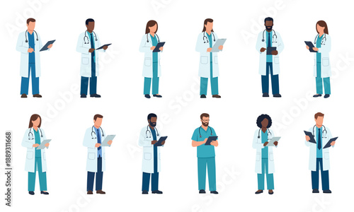 Diverse group of medical professionals in scrubs and lab coats standing with clipboards