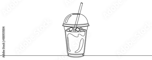 Iced coffee in a plastic cup in one line art style. Drink drawing with black stroke on white background. Vector illustration.