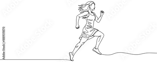 Woman running in one line art style. Runner drawing with black stroke on white background. Vector illustration.