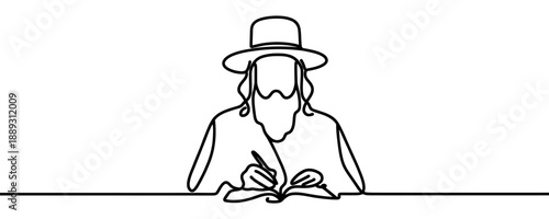 Portrait of a bearded man in a hat writing in a book in one line art style. Drawing made with one continuous black line. Vector illustration.