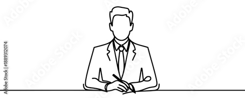 Businessman in a suit writing with a pen in one line art style. Man at the desk drawn with one continuous black line. Vector illustration.