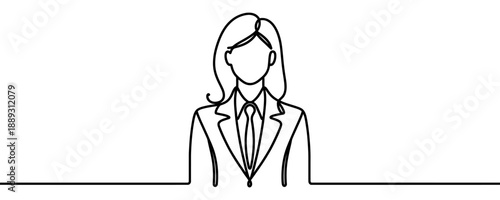 Portrait of a businesswoman in a formal suit in one line art style. Female silhouette drawn with one continuous black line. Vector illustration.