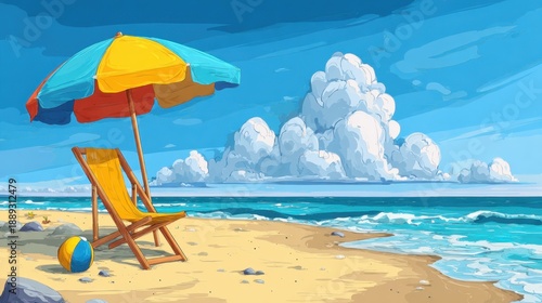 Sunny beach with umbrella, chair, and ball on sandy shoreline.