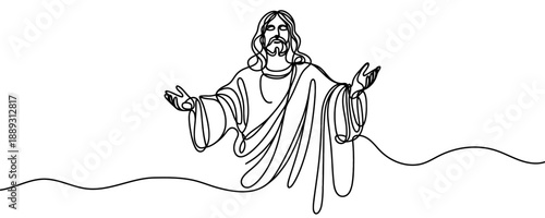 Jesus Christ with open arms in one line art style. Figure drawn with one continuous black line. Vector illustration.