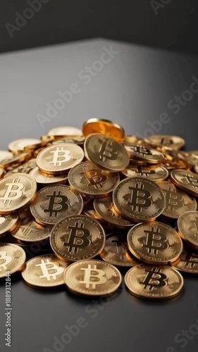 Bitcoin coins falling from above, cryptocurrency wealth and finance concept animation