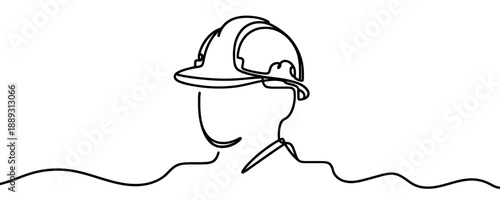 Portrait of a builder in a safety helmet in one line art style. Silhouette of a worker drawn with one continuous black line. Vector illustration.