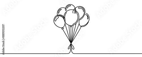 A bunch of air balloons in one line art style. Party decoration drawn with one continuous black line. Vector illustration.