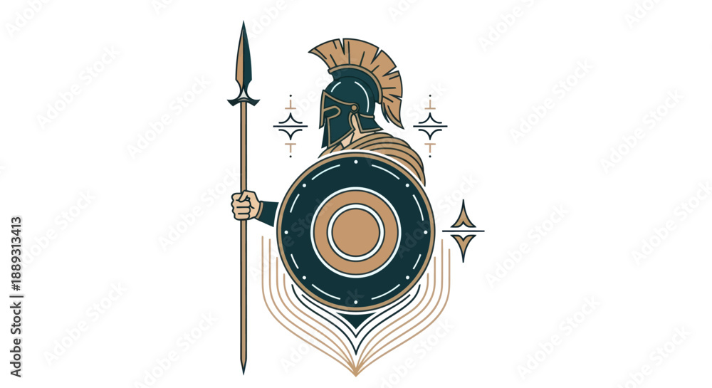 Fototapeta premium Stylized warrior illustration holding spear and shield on white background