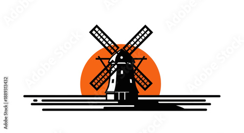 Stylized windmill silhouette against sunset for conceptual design