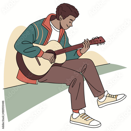 Young man guitar player vector illustration