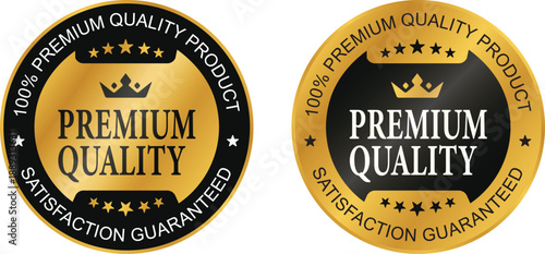 100% satisfaction guaranteed, premium quality. Black and gold vector circle isolated on white with stars and crown. For icons, logos, labels, seals, tags, signs, symbols, badges, stamps, and stickers.