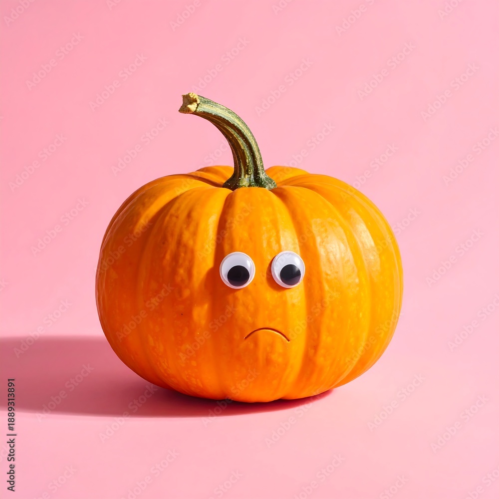 Obraz premium Sad Pumpkin with Googly Eyes on Pink Background.