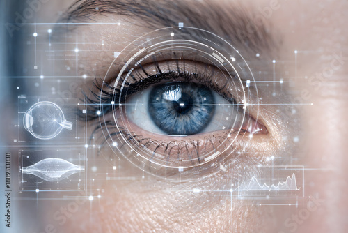 Photorealistic close-up of a human eye with AI-assisted diagnostic overlays, representing advanced ophthalmology, digital health technology, precision eye care, and future-focused medical innovation.