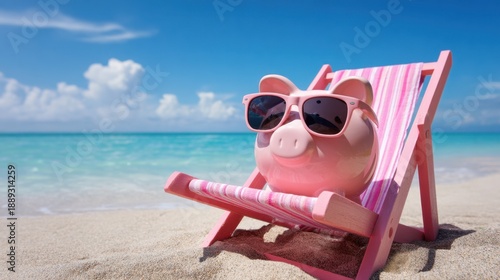 Piggy bank in sunglasses on beach: fun summer vacation savings concept.