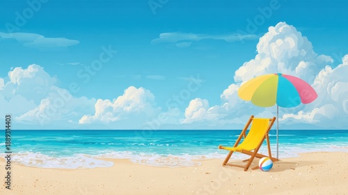 Tropical beach scene with chair, colorful umbrella, and calm ocean waves under blue sky.