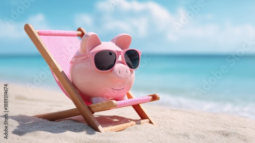 Piggy bank relaxing on a beach in sunglasses on a sunny day.