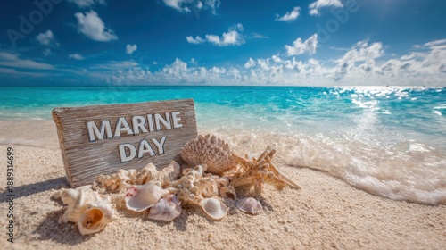 Seashells and marine day sign on sunny tropical beach.