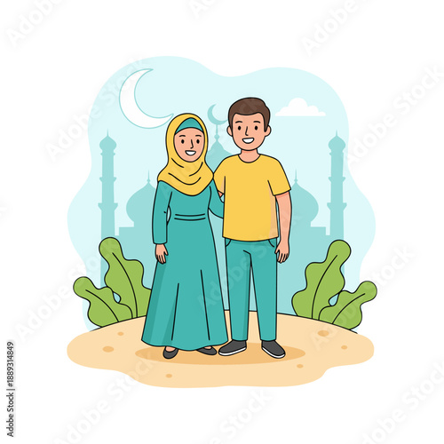 Cute Cartoon Style Muslim Couple Illustration with Mosque Background Scene