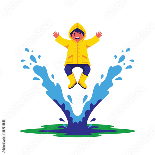 Happy Boy in Yellow Raincoat and Boots Jumping and Splashing in a Puddle. Fun Childhood Activity Vector Illustration.