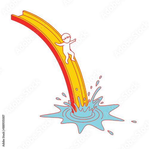 Child on Water Slide Splashing into Pool. Summer Fun, Waterpark Adventure, Playful Cartoon Illustration on White Background.