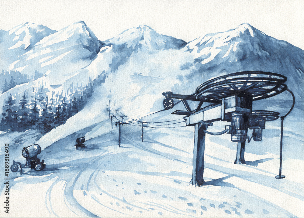 Fototapeta premium Landscape with majestic mountain peaks. Panorama of a ski resort with ski lift and working snow cannons releasing jets of artificial snow. Watercolor in monochrome blue tones, hand-drawn illustration.