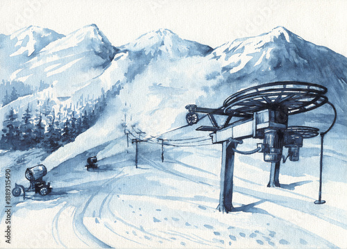 Landscape with majestic mountain peaks. Panorama of a ski resort with ski lift and working snow cannons releasing jets of artificial snow. Watercolor in monochrome blue tones, hand-drawn illustration.
