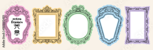 Mirror frame. Doodle picture, photo vector border. Cute oval and square vintage ornate painting. Antique decorative hand drawn frame for picture, photo gallery. Lace scallop wavy whimsical wiggle bg
