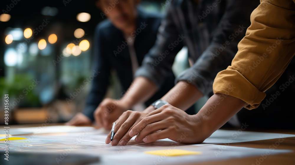 Obraz premium Creative business meeting brainstorming ideas sharing, team of marketing business staff standing and discussing solutions for new project, startup business ideas concept, faceless