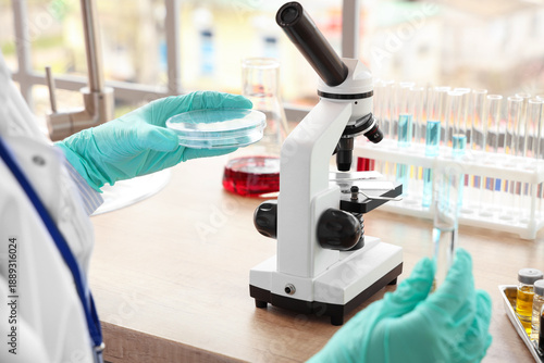 Female scientist with micro...