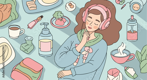 Illustration of a young woman wearing headphones, surrounded by various food and drink items on a table with a thoughtful expression.