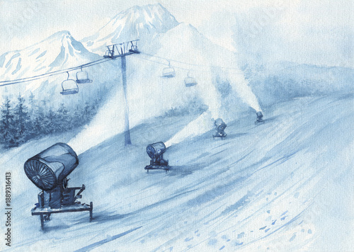 Landscape with mountain peaks. Panorama of a ski resort with snow cannons making artificial snow on ski slope with chairlift. Watercolor in monochrome blue tones, hand-drawn illustration.