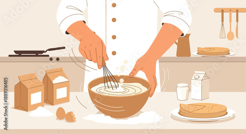 Illustration of a chef preparing a cake batter with a whisk in a kitchen with baking ingredients on the counter.