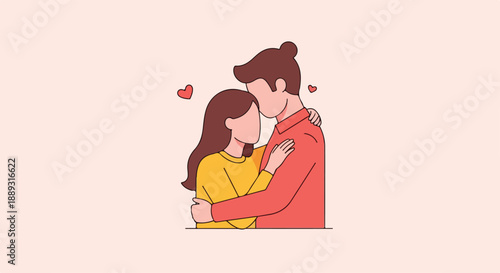 Illustration of a romantic couple embracing and kissing with hearts floating around them on a soft pink background.