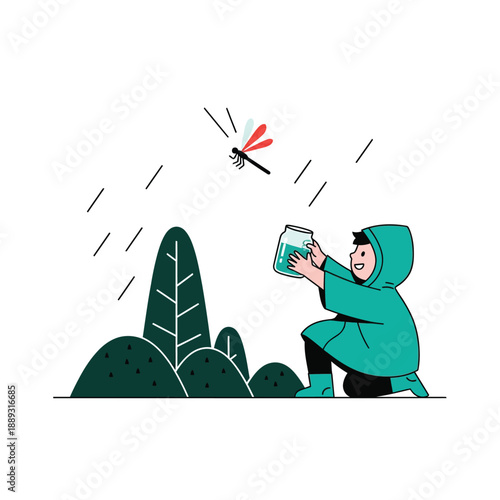 Little boy in raincoat attempts to catch a flying dragonfly in a glass jar. Nature exploration and childhood curiosity vector illustration.