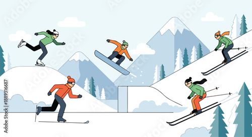 Illustration of skiers and snowboarder in various poses on snowy mountain slopes with trees and mountains in the background.