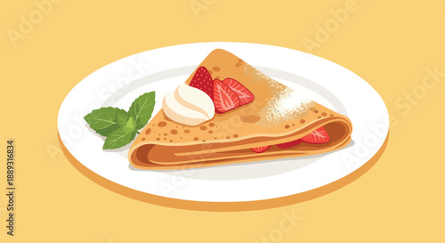 Flat lay illustration of a folded crepe with strawberries and whipped cream on a white plate against a yellow background.