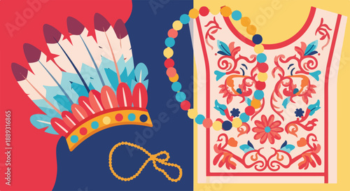 Flat lay of a colorful Native American headdress, embroidered vest, and jewelry on a vibrant background with a mix of red, blue, and yellow hues.