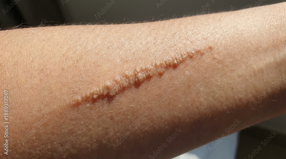 Fototapeta premium Close up of a raised linear scar on human arm