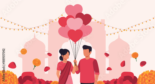 Illustration of a romantic couple holding heart-shaped balloons in a festive setting with string lights and flowers.
