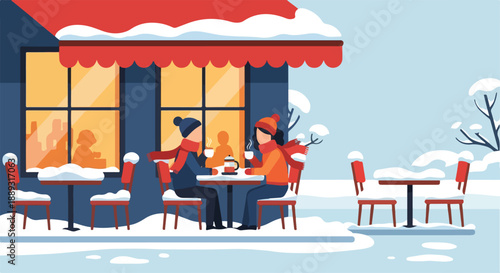 Illustration of two people sitting at a table outside a cafe on a snowy day with red awning and blue walls.