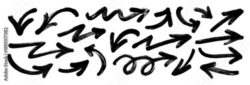 Bold brush drawn curved or straight arrow set. Vector thick marker arrows with dry brush and rough texture for handdrawn notes. Up, down, left, and right direction pointer