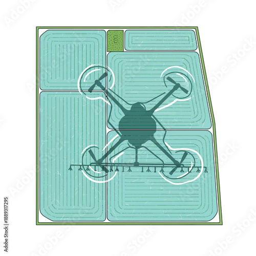 Precision Agriculture Drone Sprayer Illustration Over Farm Field Map. Smart Farming Technology Aerial View Vector.
