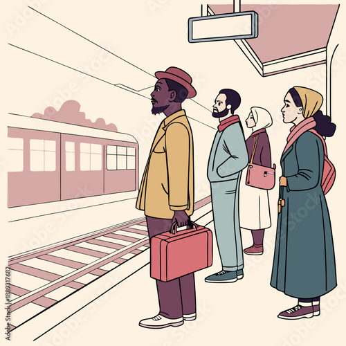 Multiethnic people group standing on railway station mix race men women waiting train on platform public transport stock illustration