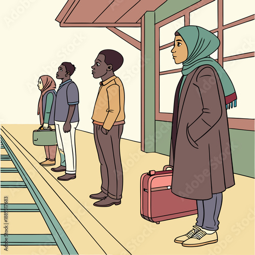 Multiethnic people group standing on railway station mix race men women waiting train on platform public transport stock illustration