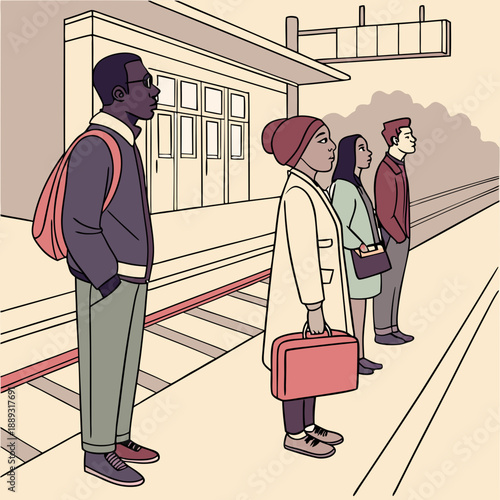 Multiethnic people group standing on railway station mix race men women waiting train on platform public transport stock illustration