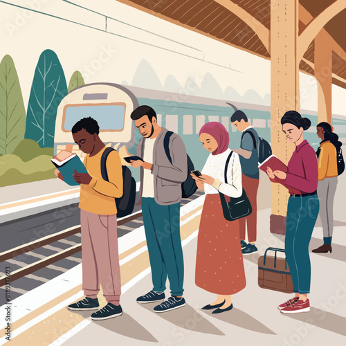 Multiethnic people group standing on railway station mix race men women waiting train on platform public transport stock illustration