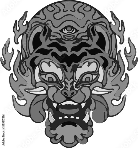 Balinese Barong Mask Illustration Collection with Sacred Symbolism, Decorative Patterns, and Bold Color Contrast