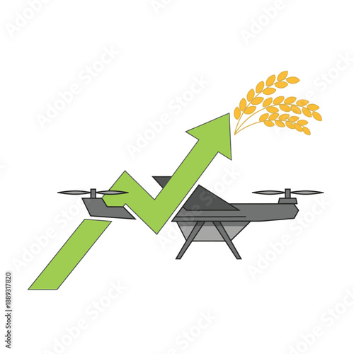 Agricultural Drone Tech Icon: Upward Arrow and Grain Showing Increased Yield, Smart Farming Growth, and Precision Agriculture Success