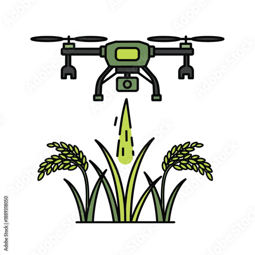 Precision Agriculture Drone Spraying Rice Crop Icon. Smart Farming Technology, UAV Pesticide Application, and Agricultural Monitoring Vector.